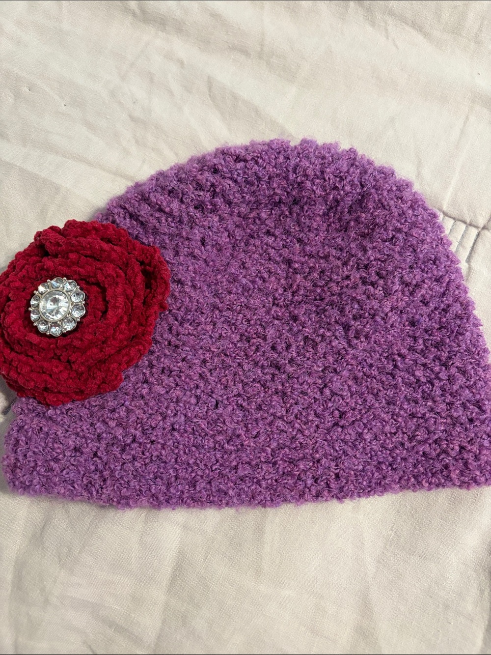 Purple Bouclé HandKnit Beanie with Red Flower Accent & rhinestone center